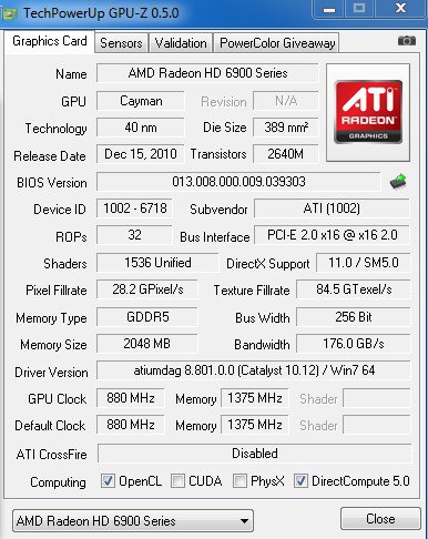 تصویر 2. مشخصات فنی Sapphire HD 6970 در نرم‌افزار GPU-Z