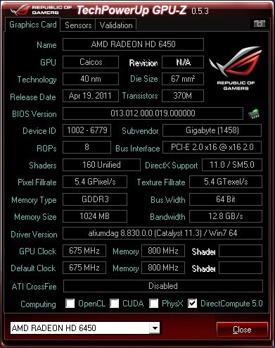 gigiabyte hd 6450 gpuz