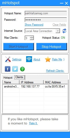 منوی برنامه mhotspot