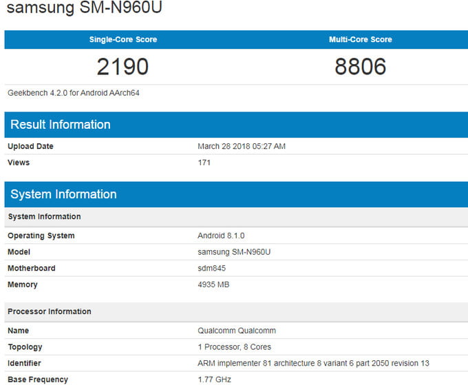 New Samsung Galaxy Note 9 benchmark test reveals Snapdragon 845 CPU, 6 GB of RAM