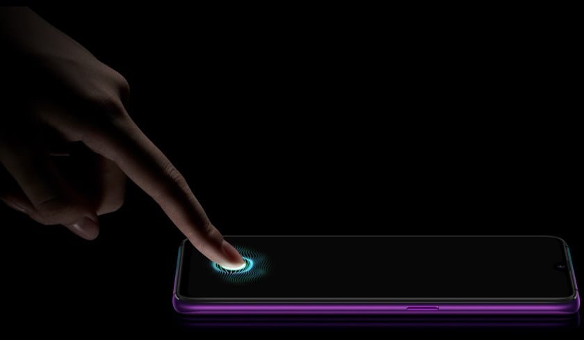 An image of a finger touching the in-display fingerprint sensor of the Oppo R17 Pro.
