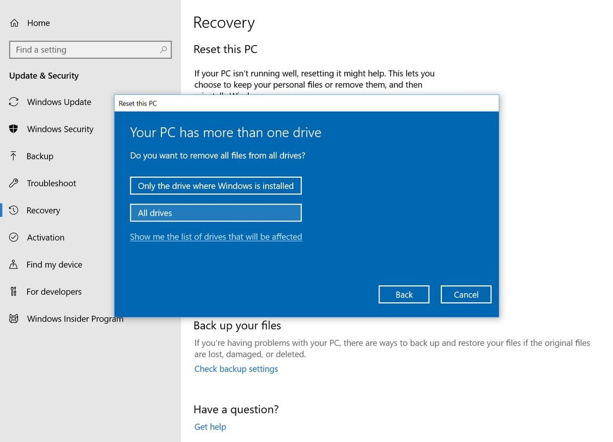 Windows factory reset drives