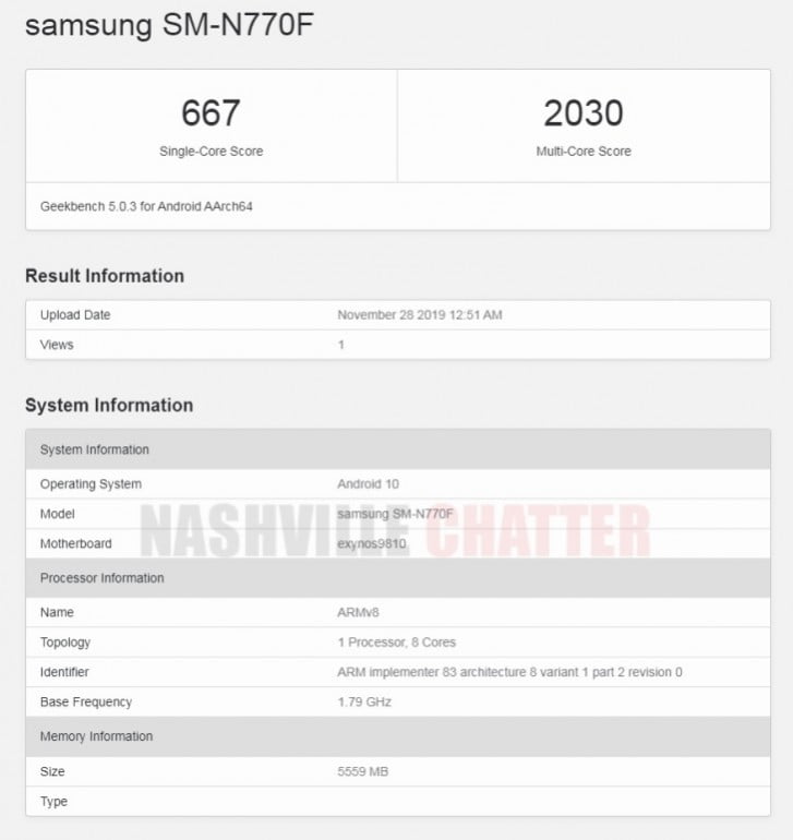 حضور سامسونگ Galaxy Note10 Lite با Exynos 9810 در Geekbench