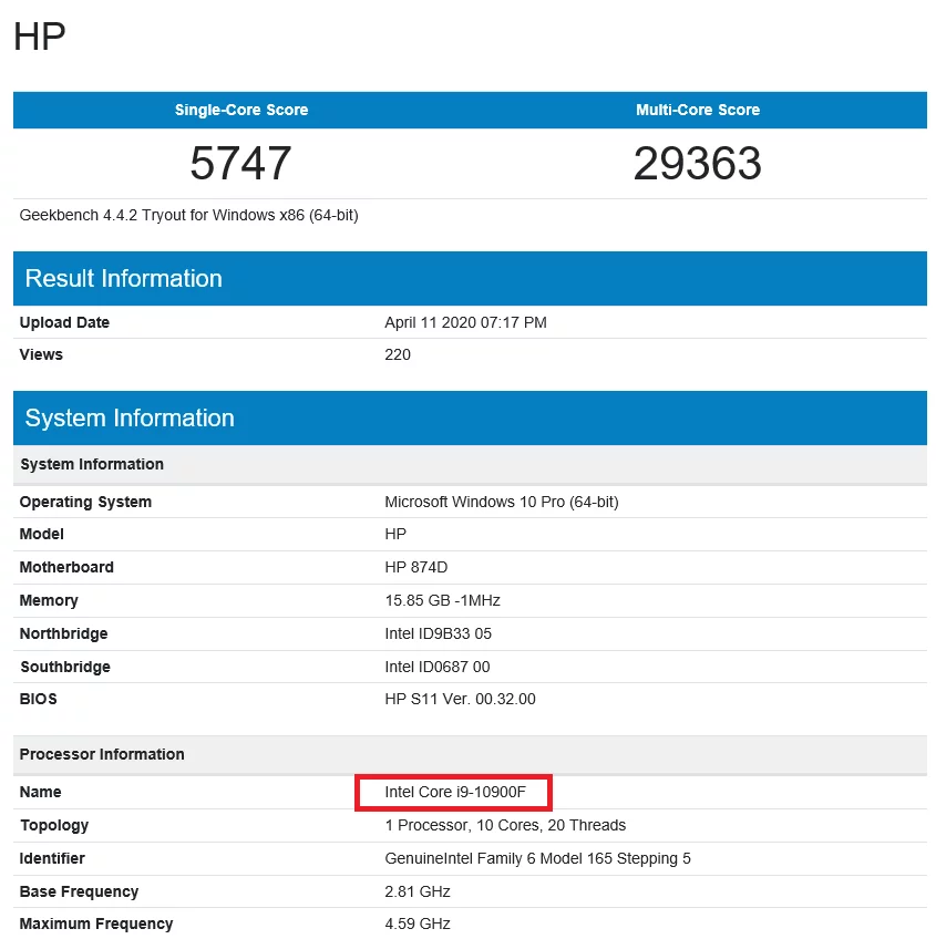 عملکرد خوب Core i9 10900F در Geekbench