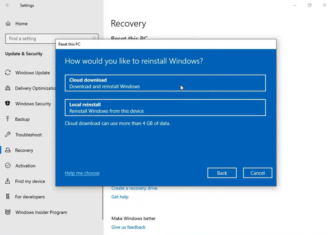 Cloud Recovery ویندوز 10
