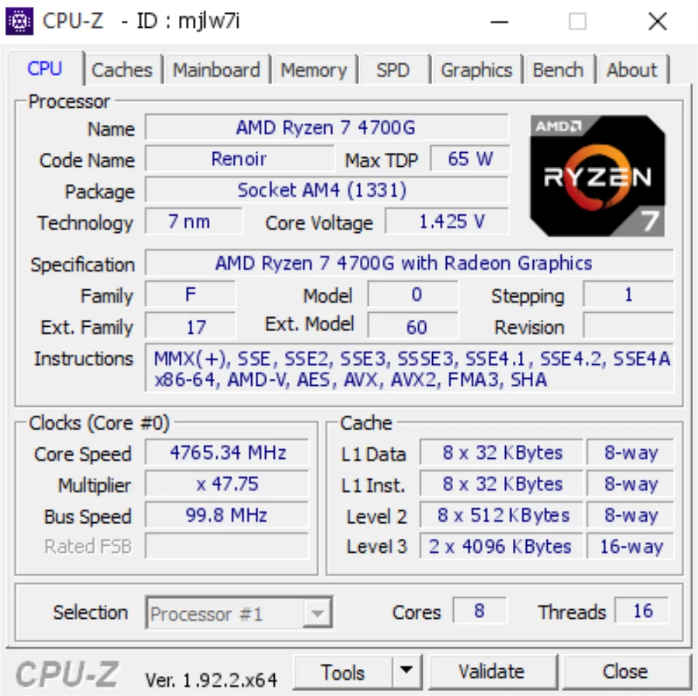 اورکلاک Ryzen 7 4700G به 4.75 گیگاهرتز تصویر CPU Z
