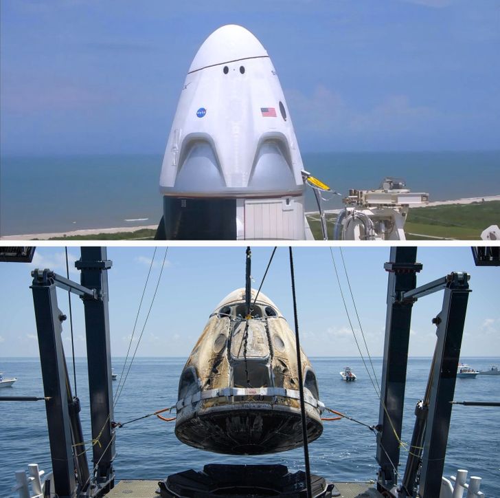 کپسول فضایی کرو دراگون SpaceX، قبل و بعد از پرواز
