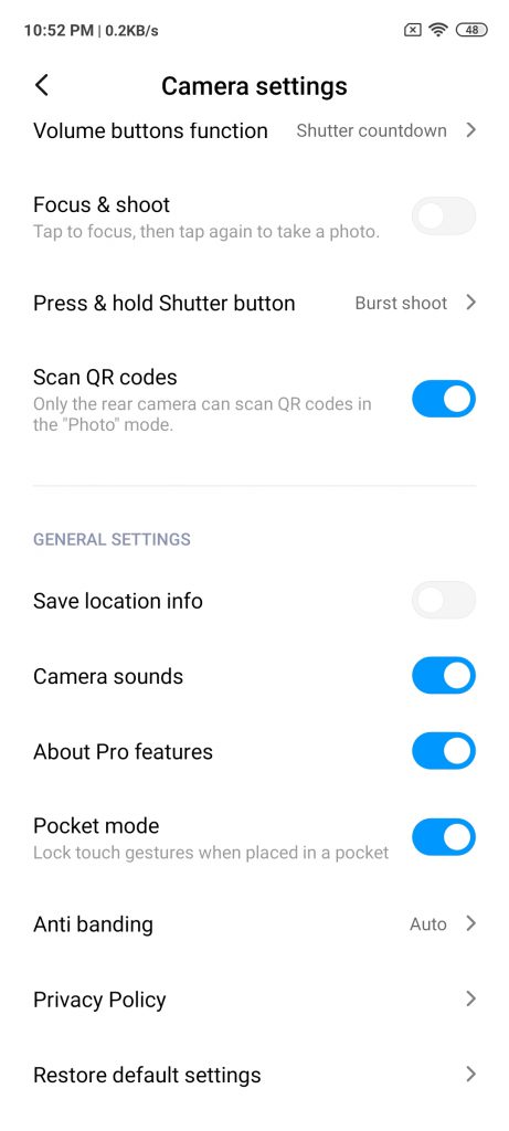 تنظیمات دوربین  گوشی ردمی نوت 9 پرو شیائومی