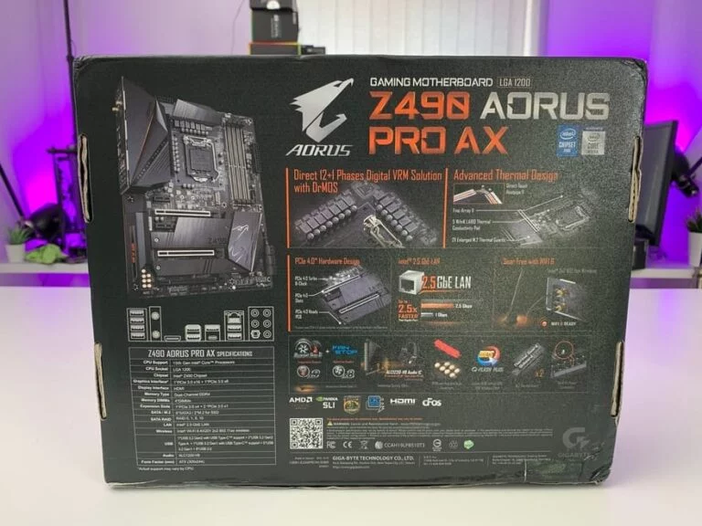 نمای پشت باکس مادربرد Gigabyte Z490 AORUS PRO AX