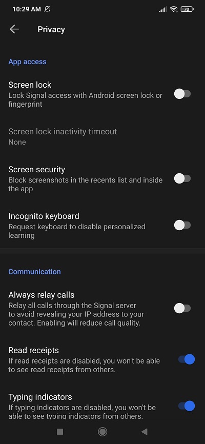 تنظیمات حریم شخصی در اپلیکیشن سیگنال