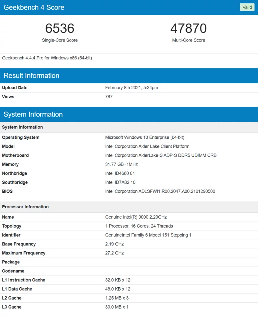 جدیدترین تست پردازنده 16 هسته ای Alder Lake در Geekbench 4