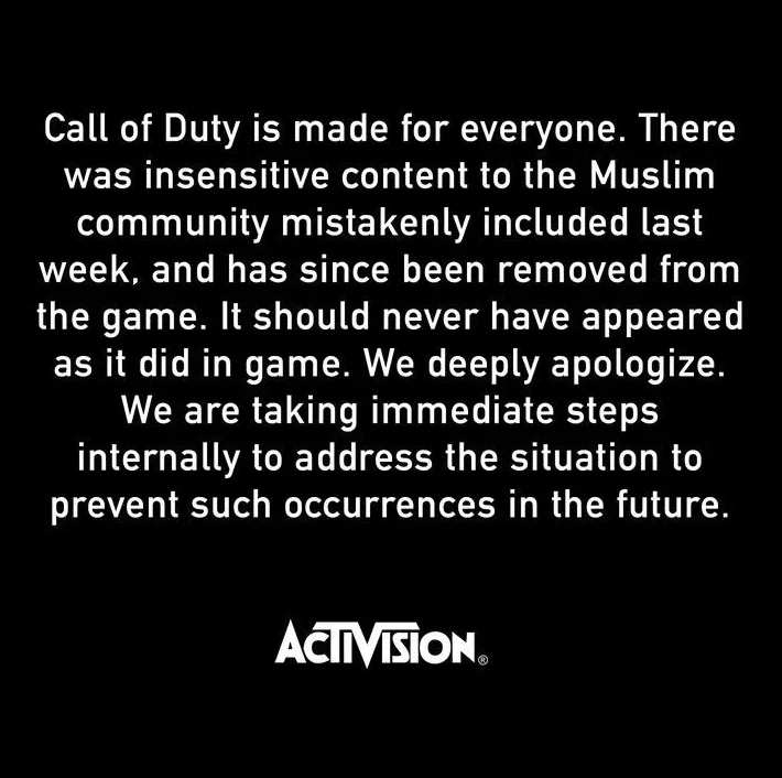 اعلامیه اکتیویژن در پاسخ به حذف منابع قرآنی از حالت زامبی Call of Duty: Vanguard