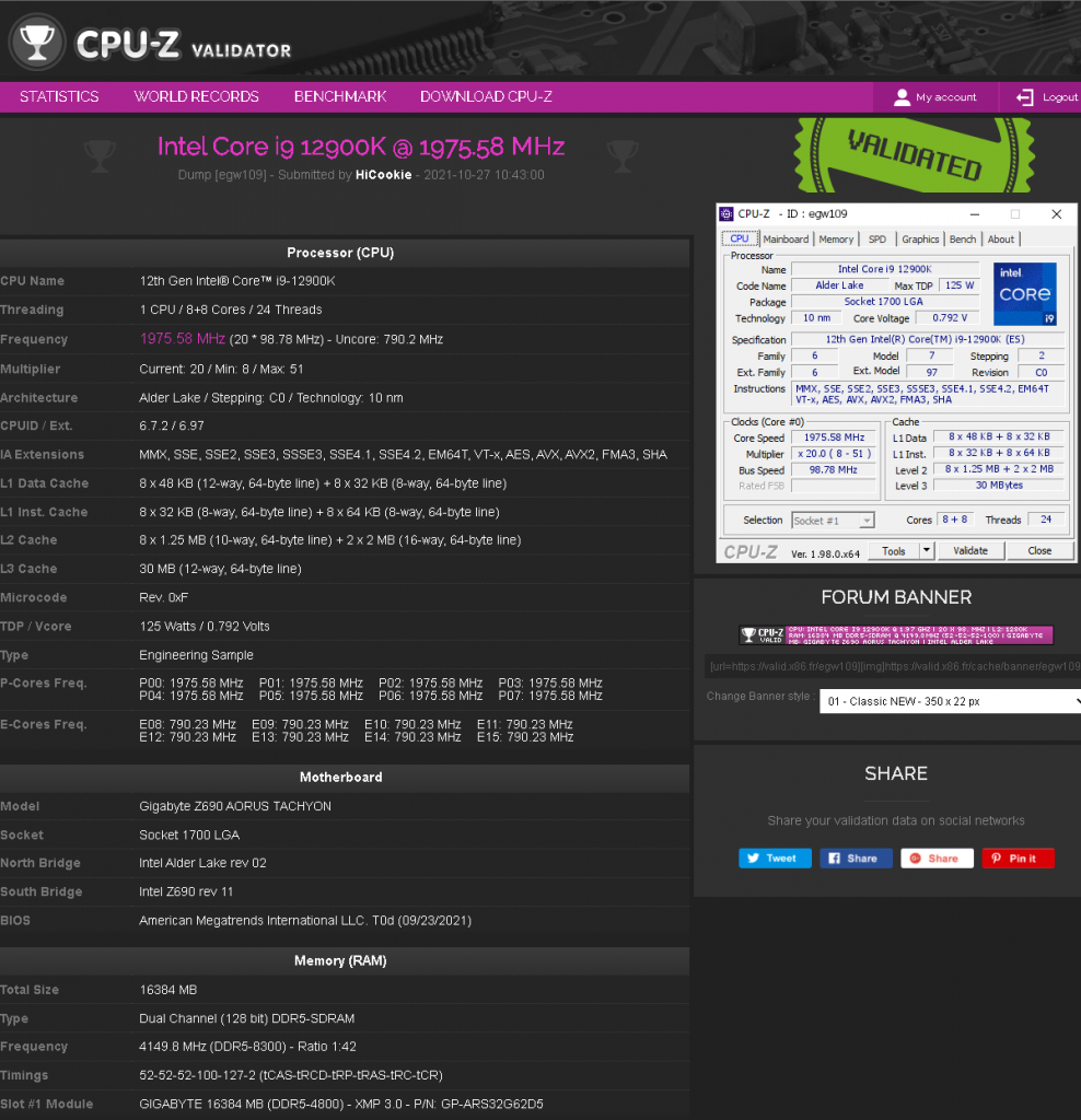 اورکلاک پردازنده Core i9 12900K روی مادربرد Z690 Aorus Tachyon گیگابایت