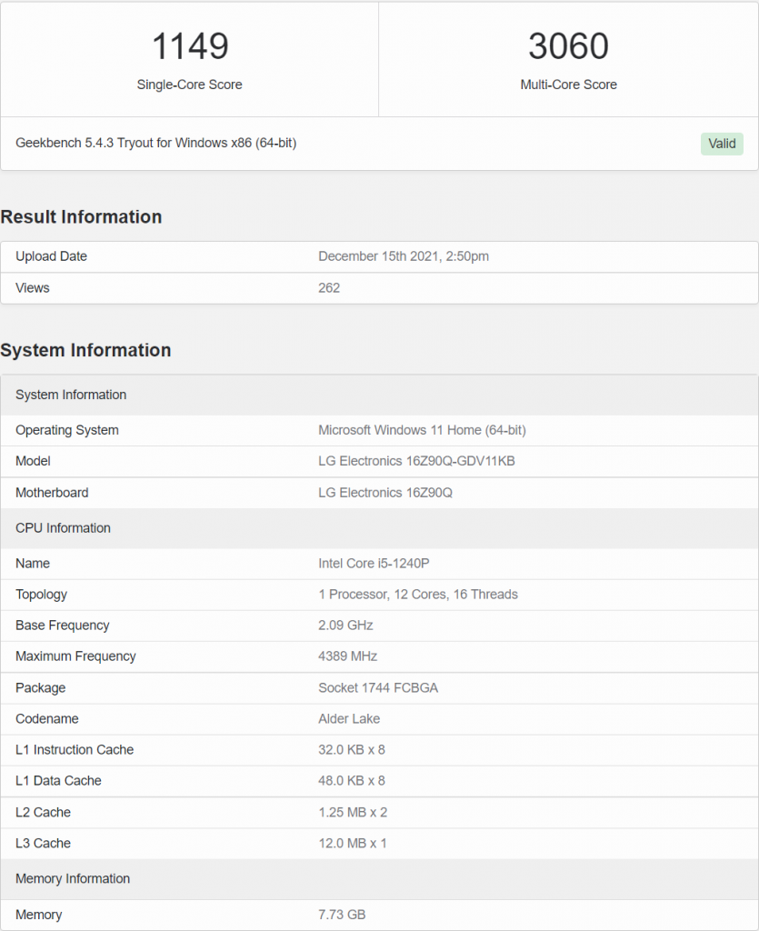 بنچمارک پردازنده های نوت بوکی Alder Lake P در Geekbench