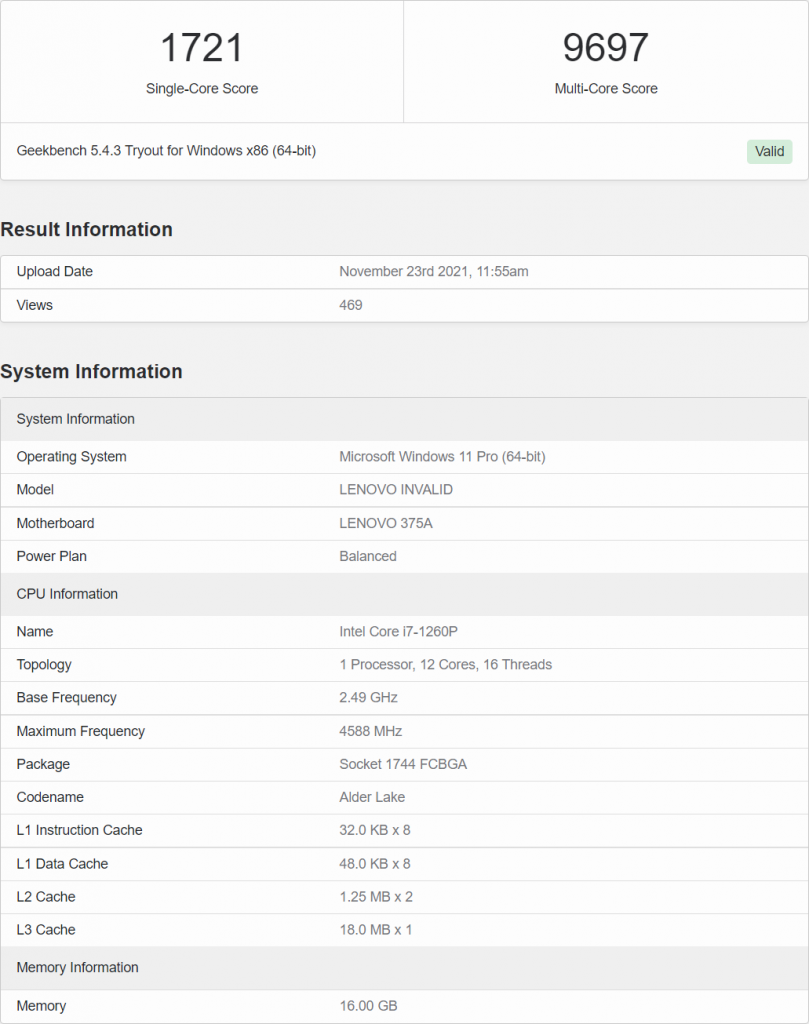 بنچمارک پردازنده های نوت بوکی Alder Lake P در Geekbench