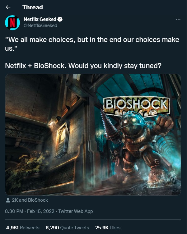 توییت نتفلیکس در ارتباط با ساخت فیلم BioShock
