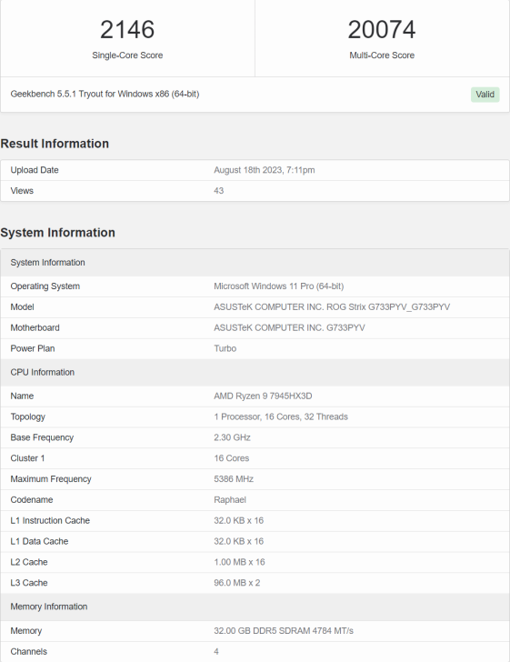 بنچمارک لپ تاپ Ryzen 9 7945HX3D