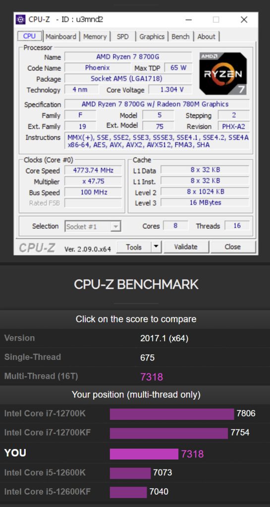 cpu z AMD Ryzen 7 8700G