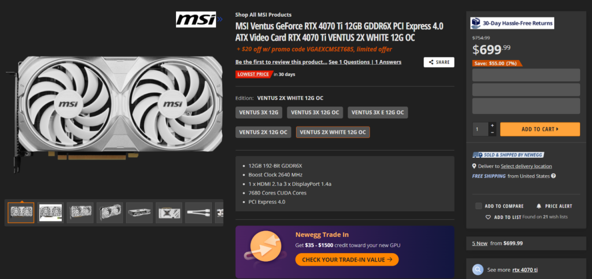 قیمت کارت گرافیک GeForce RTX 4070 Ti 12 GB به زیر 700 دلار کاهش یافت!