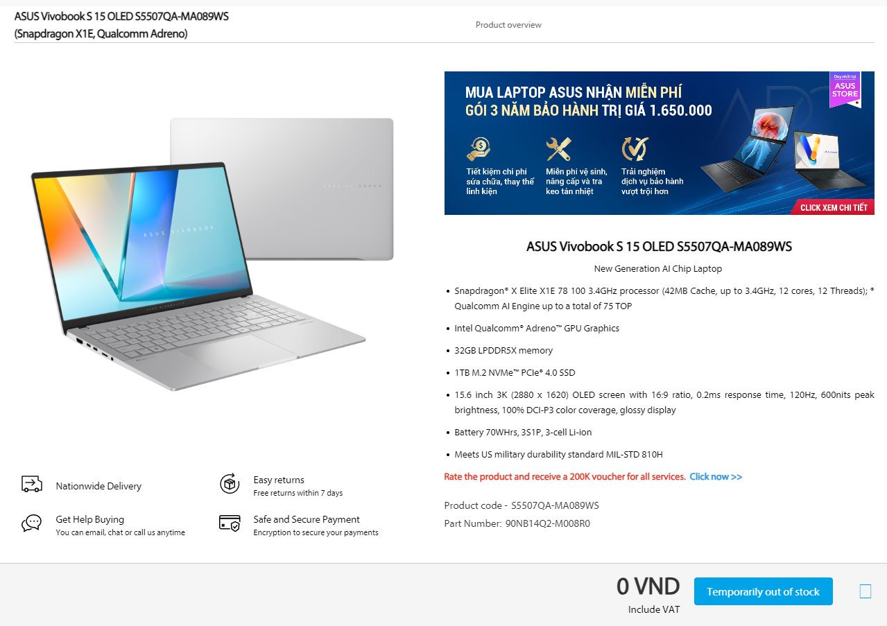 مشخصات لپتاپ Vivobook S 15 ایسوس با پردازنده اسنپدراگون X الیت لو رفت