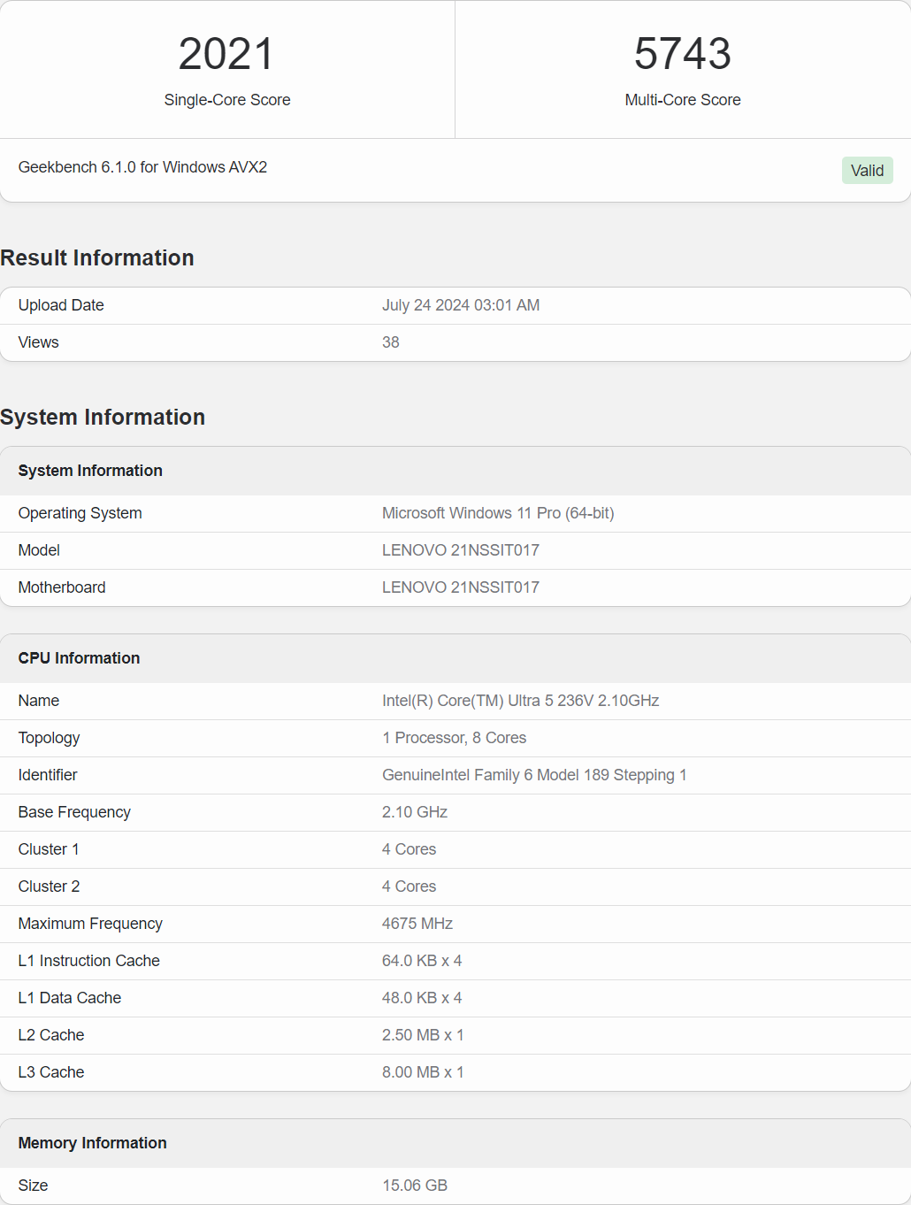 پردازنده Core Ultra 5 236V  اینتل در بنچمارک Geekbench تست شد