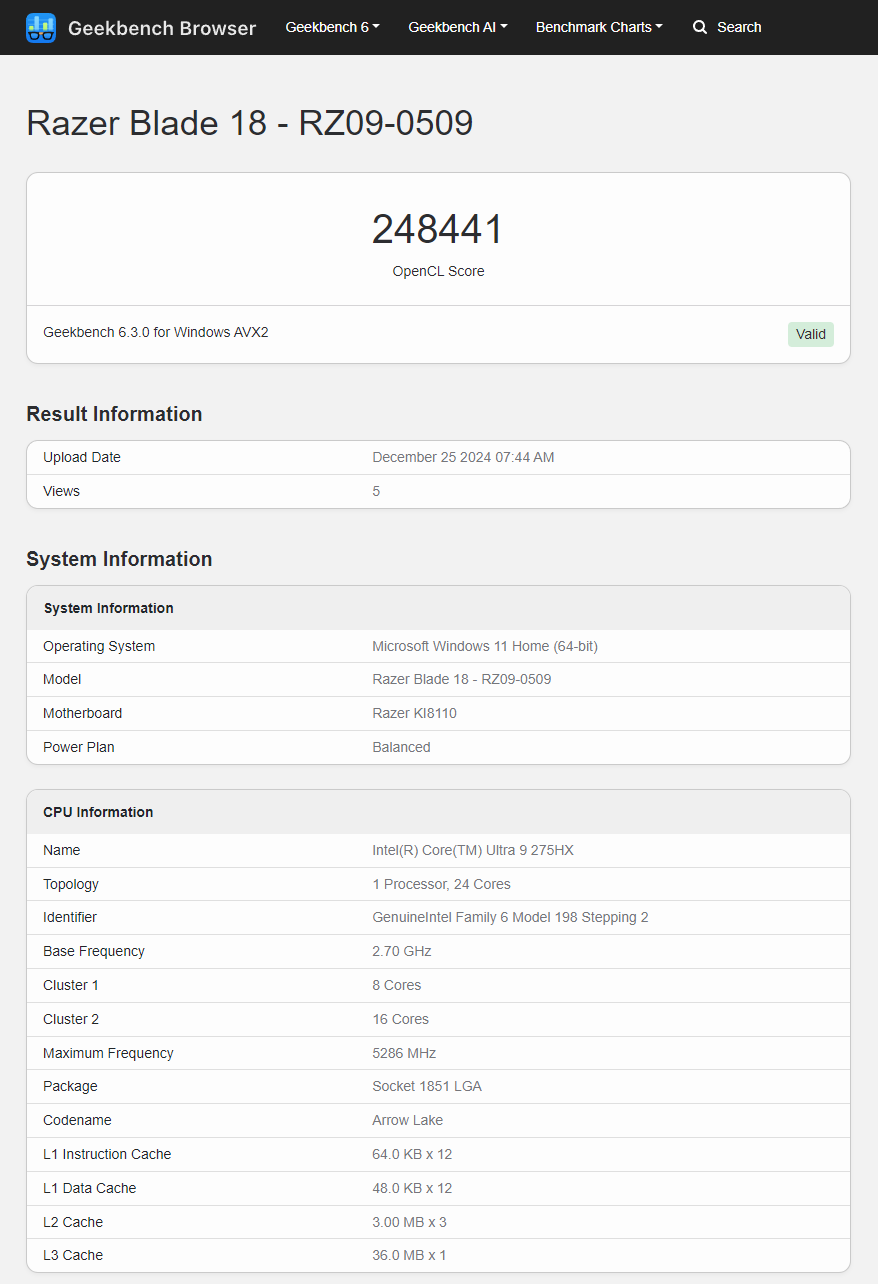 پردازنده Core Ultra 9 275HX Arrow Lake-HX اینتل در Geekbench مشاهده شد