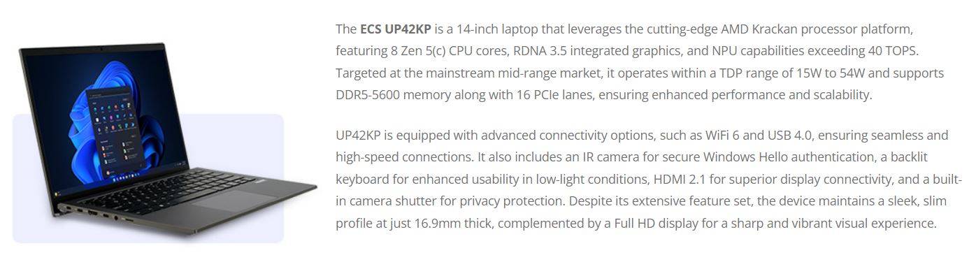پردازنده 8 هسته‌ای AMD Krackan Point لپتاپ ECS UP42KP را تجهیز می‌کند