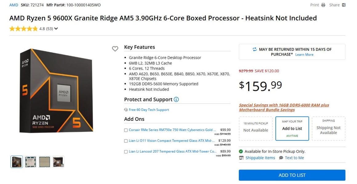 پردازنده AMD Ryzen 5 9600X اکنون تنها با قیمت 159 دلار به فروش میرسد