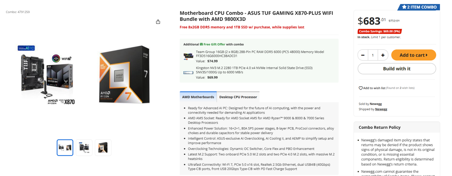 وبسایت Newegg در حال حاضر چندین باندل (بستهی ترکیبی) با تخفیفهای بزرگ ارائه میدهد که شامل پردازنده Ryzen 7 9800X3D شرکت AMD