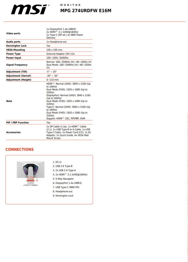 مشخصات فنی نمایشگر MSI MPG 274URDFW E16M