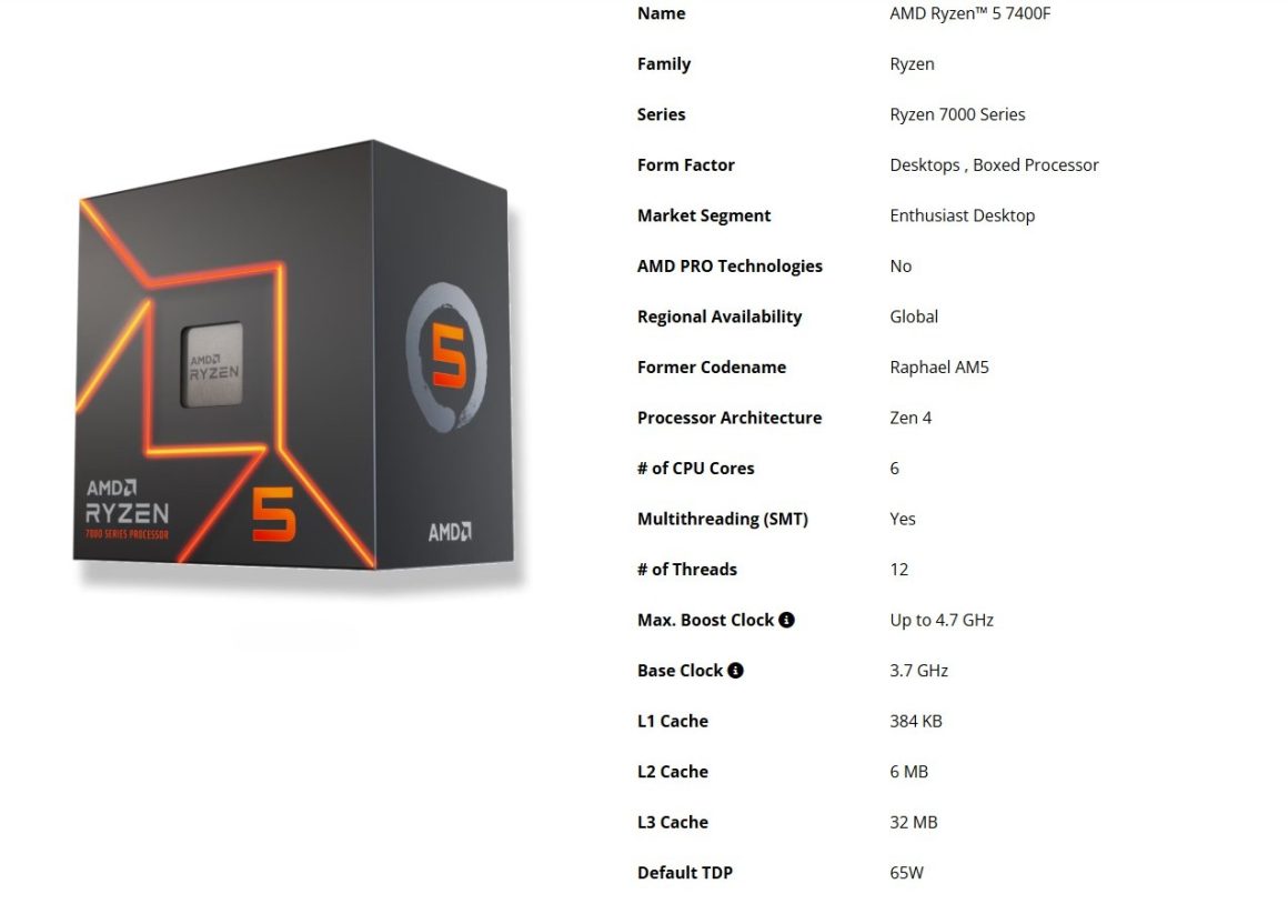 مشخصات فنی Ryzen 5 7400 مشابه مدل 7400F خواهد بود