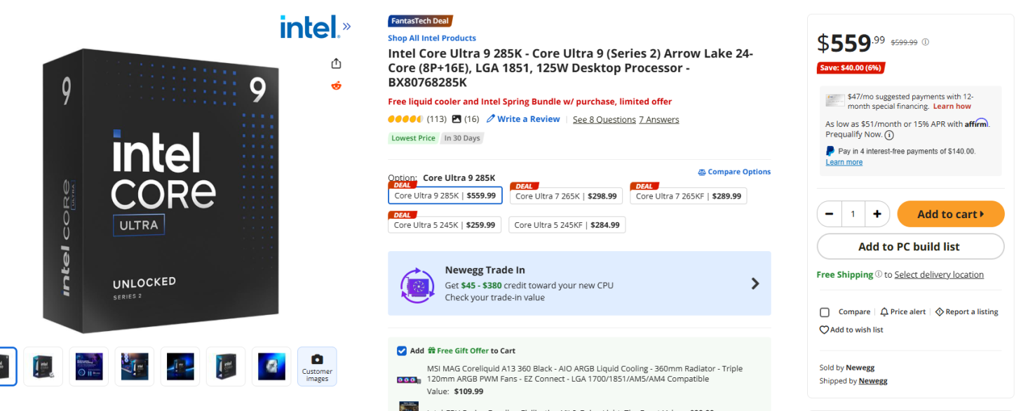 باندل های پردازنده های نسل چهاردهم اینتل و Ultra 200S در Newegg فعال شدند