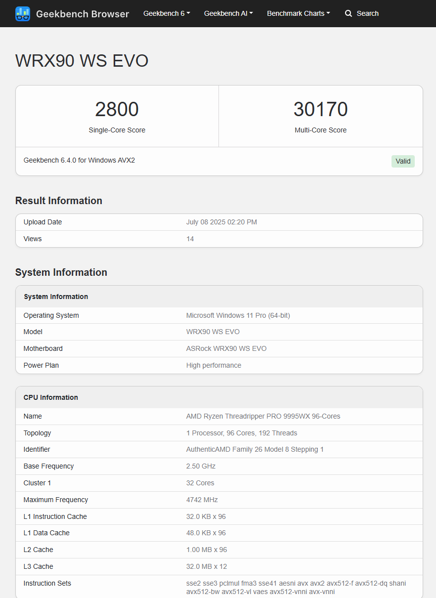 پردازنده Threadripper Pro 9995WX در بنچمارک Geekbench با 7995WX رقابت میکند