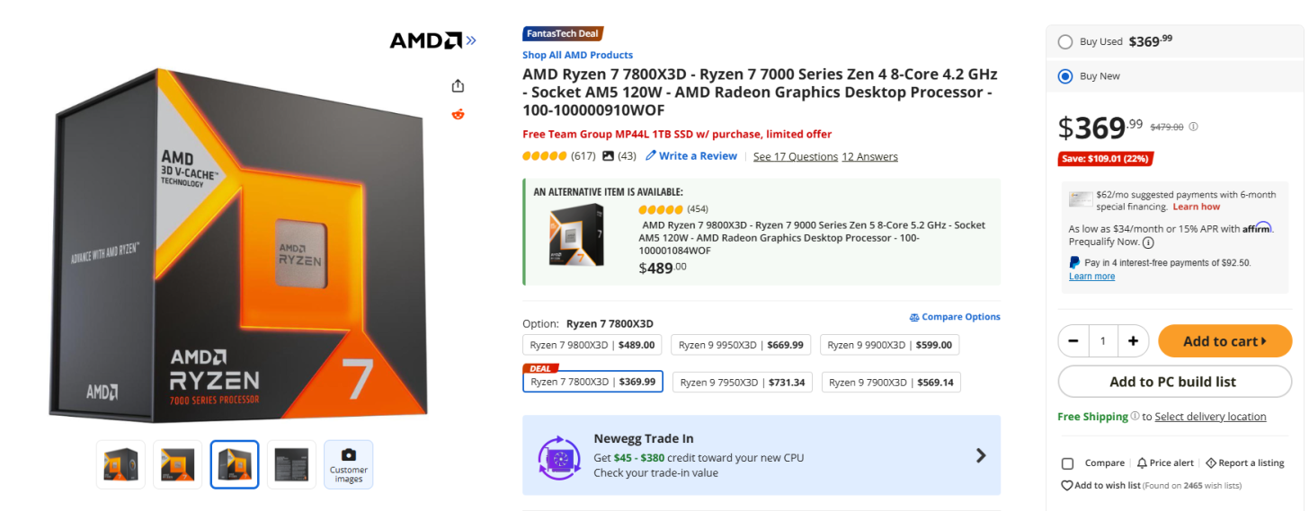 فروش پردازنده AMD 7 7800X3D با SSD یک ترابایتی تنها با قیمت 369 دلار