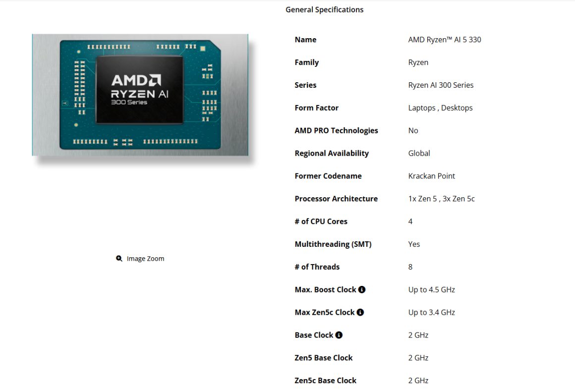 پردازنده Ryzen AI 5 330 در سری Krackan Point 2 با دو هسته گرافیکی RDNA 3.5 و توان پردازش هوش مصنوعی تا 50 TOPS