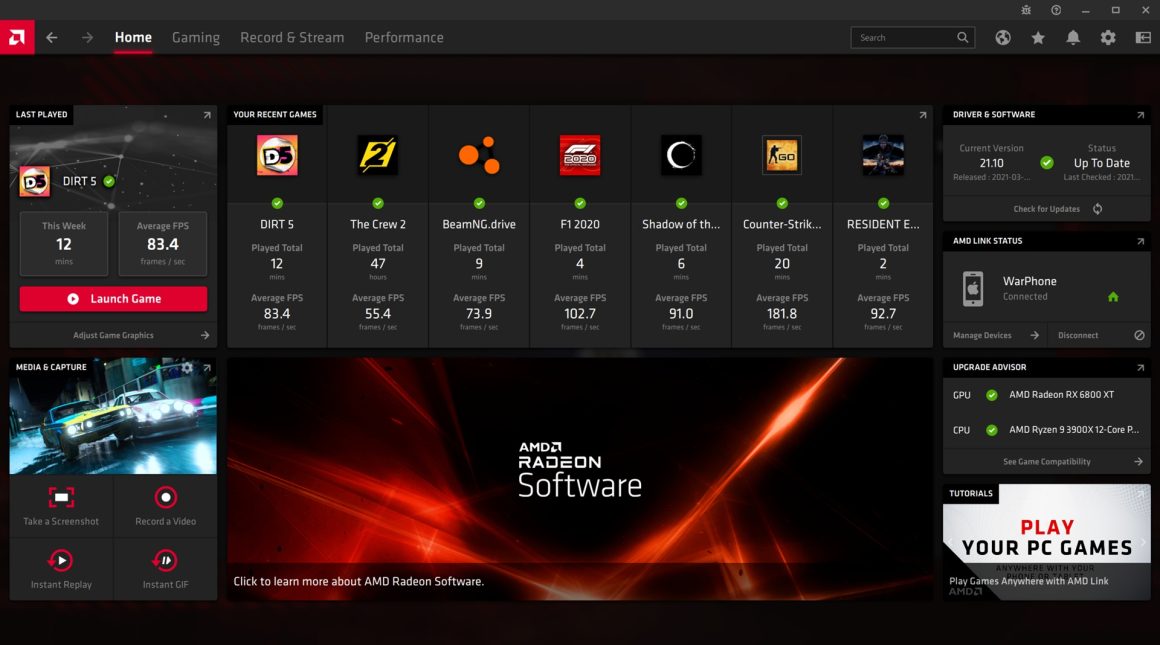تنظیمات درایور و برنامه AMD Adrenalin