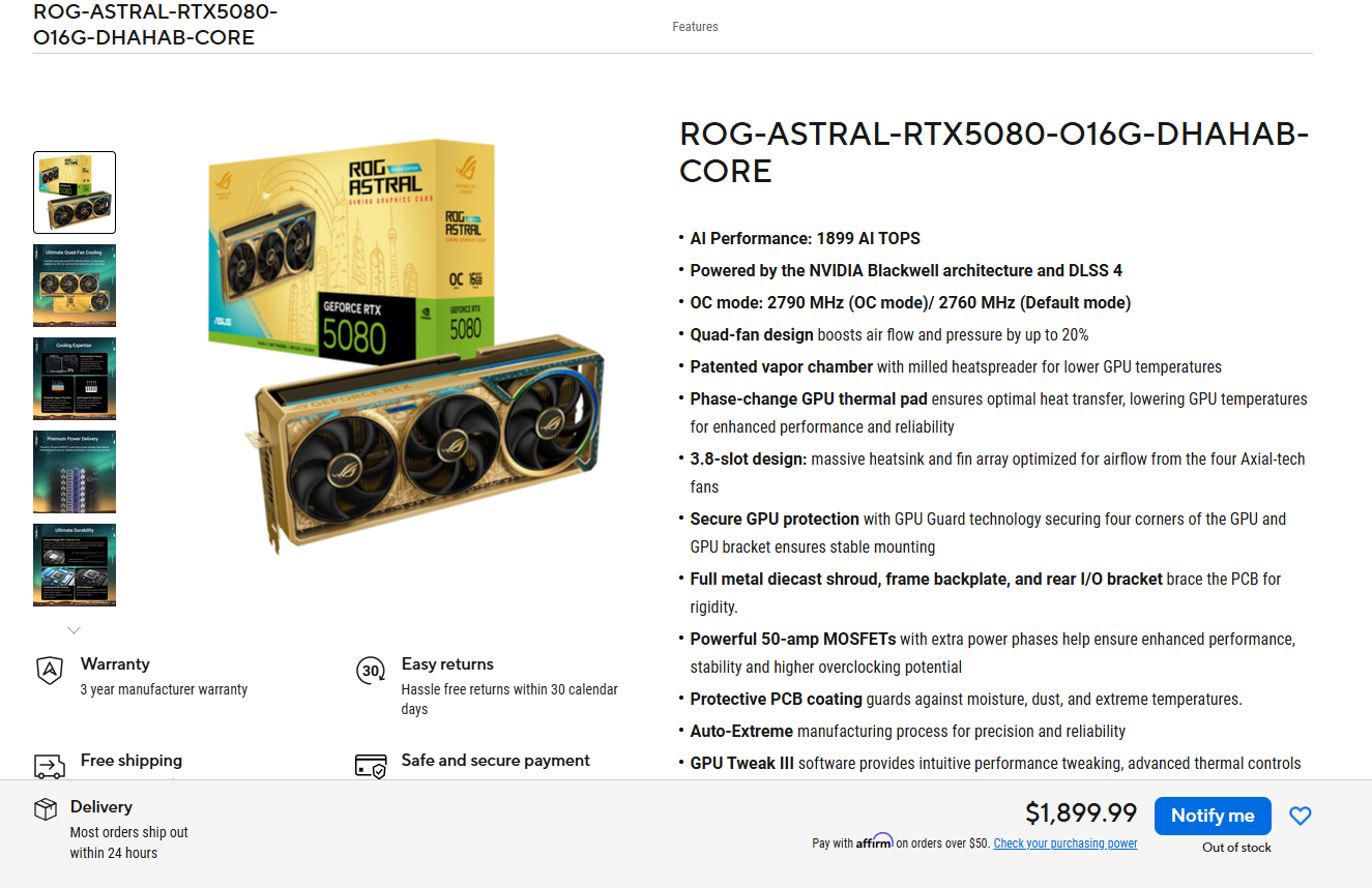 کارت گرافیک RTX 5080 Dhahab CORE با قیمت سرسامآور 1899 دلار عرضه شد