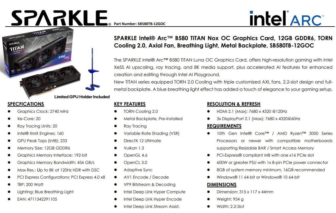 کارت گرافیک SPARKLE Arc B580 TITAN NOX Edition