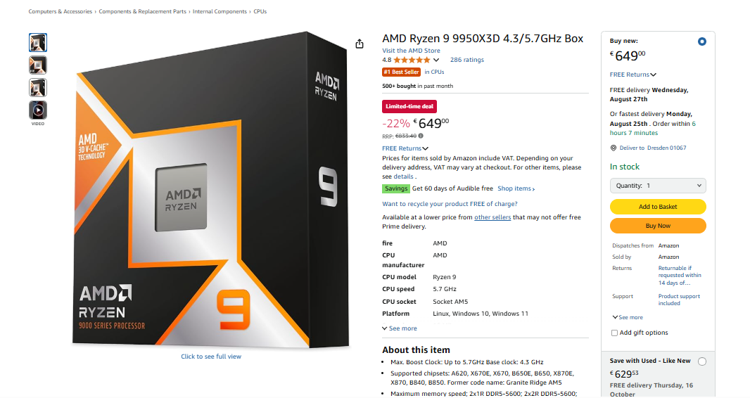 سقوط آزاد قیمت پردازنده AMD Ryzen 9 9950X3D در آلمان!