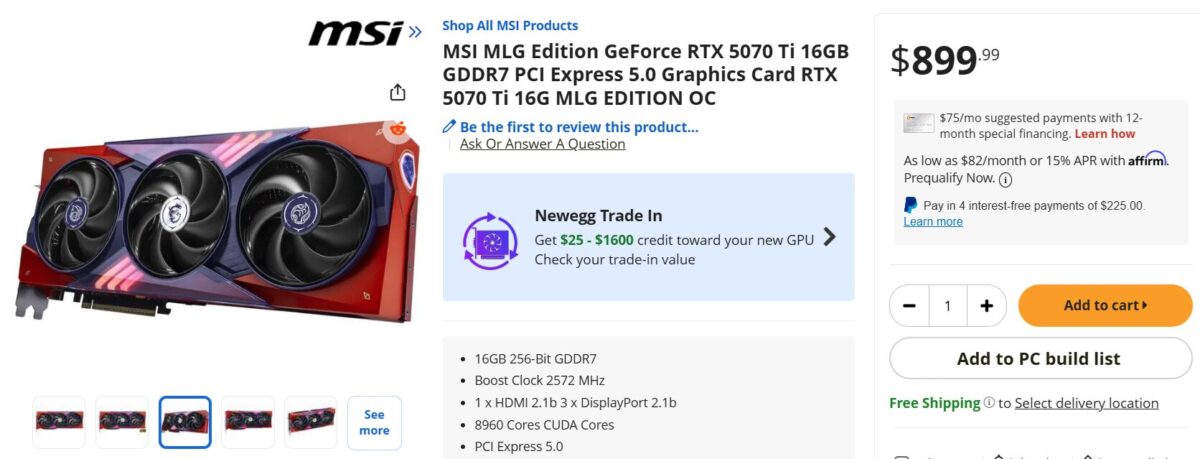کارت گرافیک MSI RTX 5070 TI MLG با قیمت 899 دلار عرضه شد
