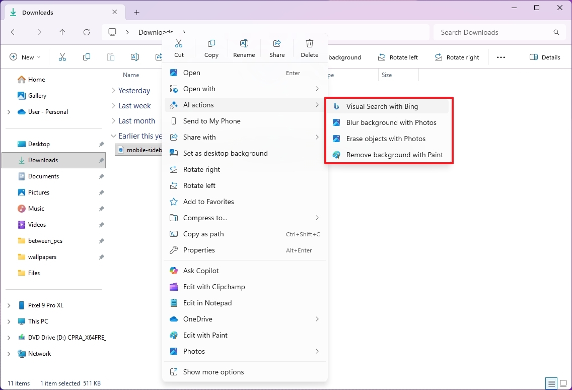 اقدامات هوش مصنوعی جدید در File Explorer