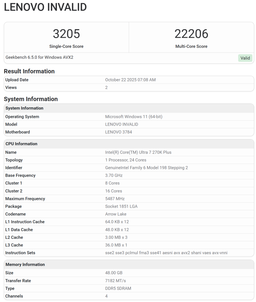 افشای پردازنده اینتل Core Ultra 7 270K Plus