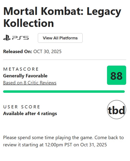 امتیازات بازی Mortal Kombat Legacy Kollection