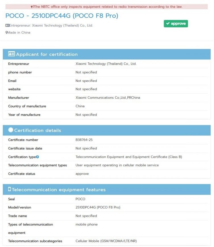 تأییدیه NBTC پوکو F8 پرو