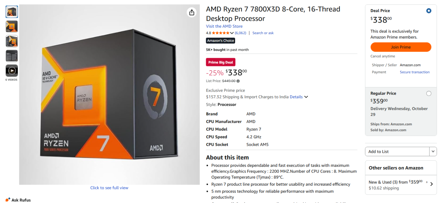 پردازنده AMD Ryzen 7 7800X3D را فقط با قیمت 338 دلار بخرید