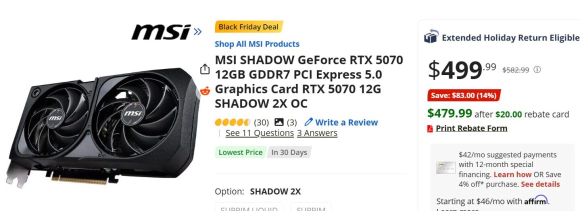 سقوط قیمت گرافیک MSI RTX 5070