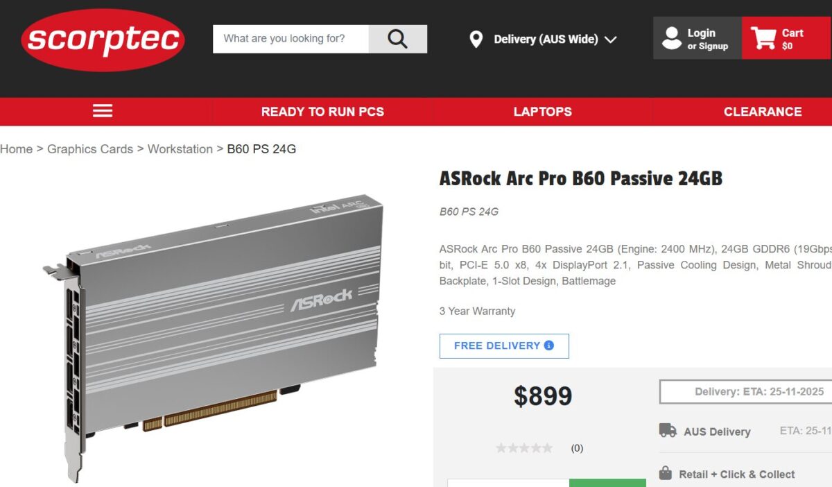کارت گرافیک Arc Pro B60 Passive ازراک در خرده‌فروشی استرالیایی لیست شد