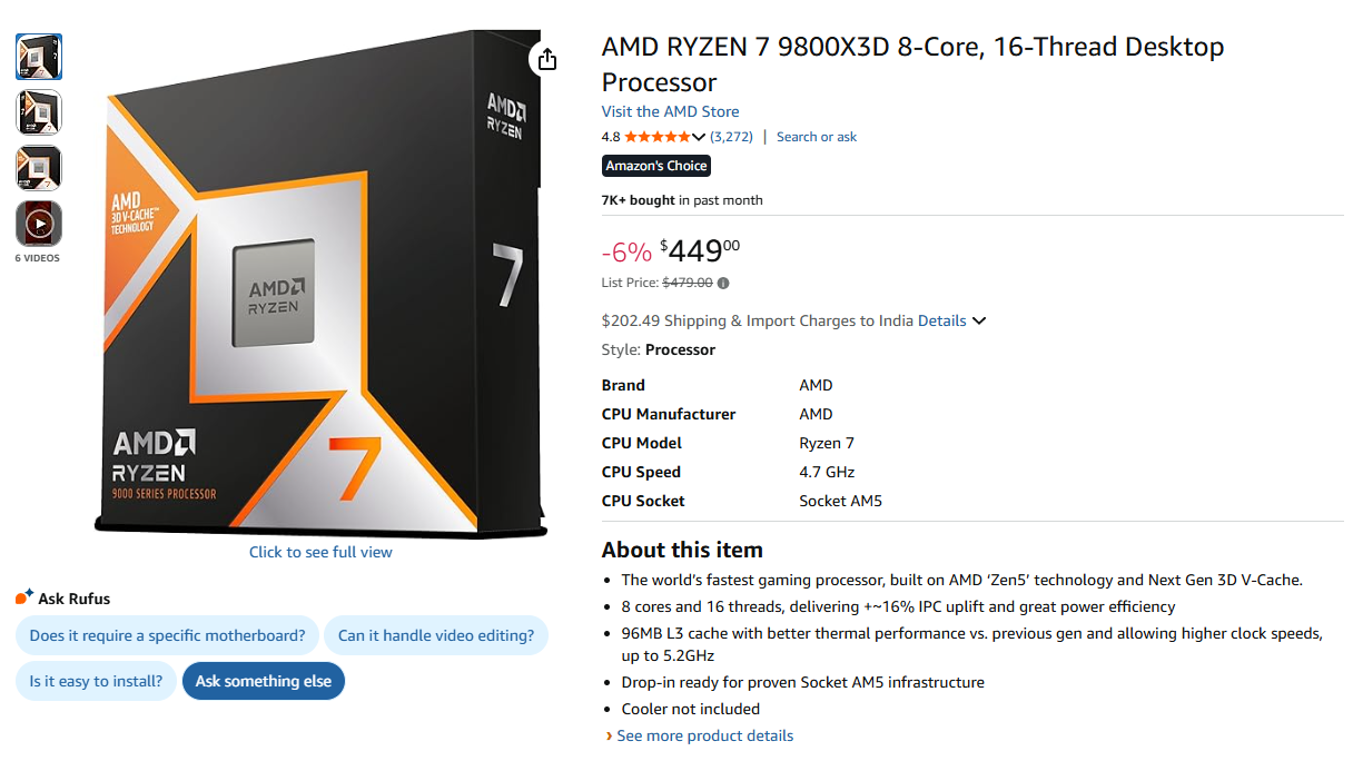قیمت پردازنده AMD Ryzen 7 9800X3D به 449 دلار کاهش یافت