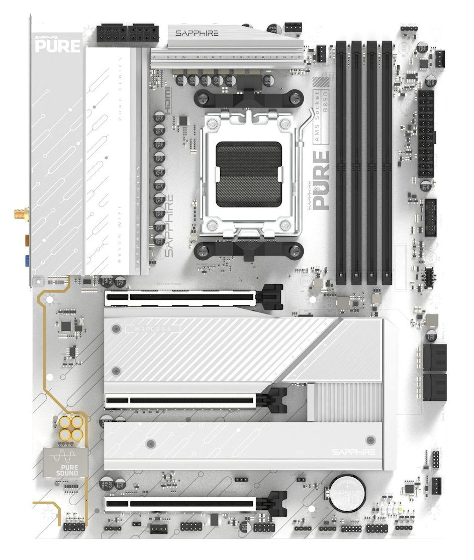 تصاویر مادربرد Sapphire PURE X870A WIFI7 با طراحی ATX سفید رنگ افشا شد