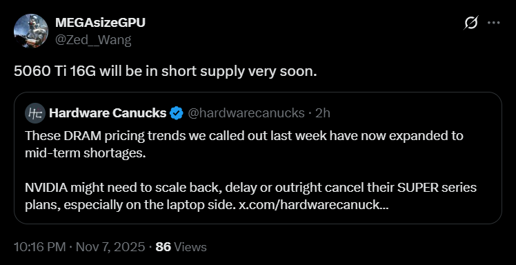 کارت گرافیک RTX 5060 Ti 16GB انویدیا با کمبود موجودی مواجه می‌شود